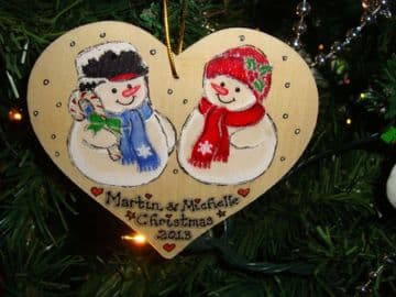 snowman Man Lady Couple Wooden Christmas Heart Hanger Decoration Personalised Any Names Shabby Chic Personalised