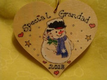 Special Grandad Snowman Christmas Decoration Tree Hanger Large Wooden Heart Sign Handmade Unique