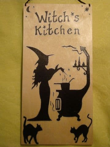 Witch's  Kitchen Lge Wooden Sign Wicca Pagan Occult 12" x 6" Black Cats
