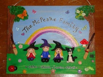 WITCH & WIZARD FAMILY SIGN PLAQUE PEOPLE PETS CAT DOG BIRD ANY PHRASING 4 Main Characters Garden Th