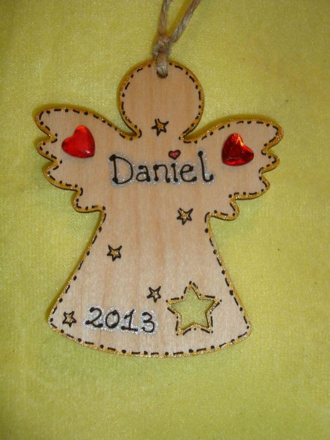 Wooden Personalised Angel Fairy Christmas Tree Hanger Decoration Star Cut Out Any Name Year