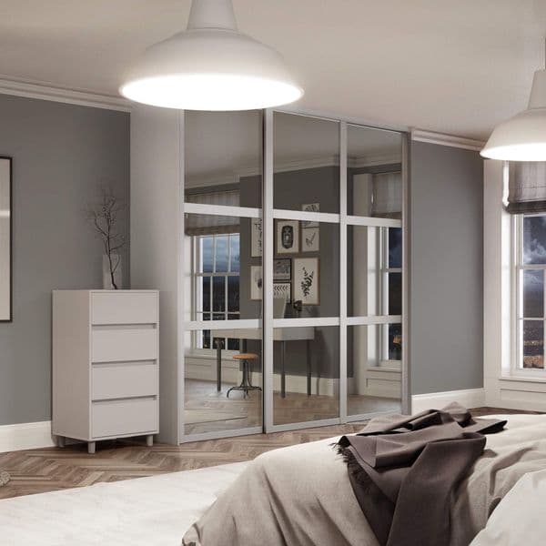 3 Doors and track: 3x610mm Shaker 3 panel Light grey frame mirror doors for an opening width 1680mm