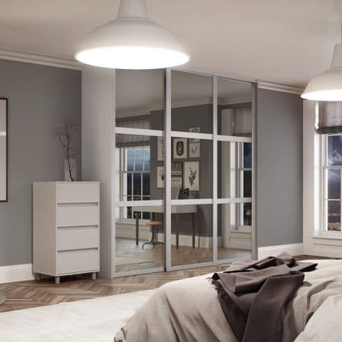 3 Doors and track: 3x762mm Shaker 3 panel Light grey frame mirror doors for an opening width 2136mm
