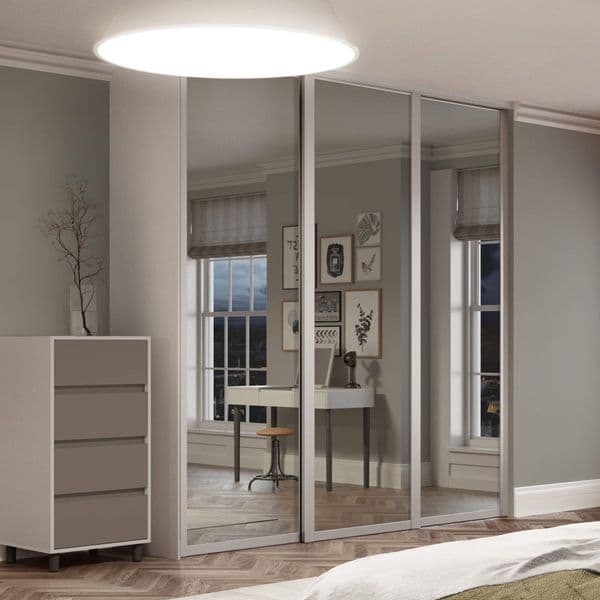 3x 914mm Shaker single panel Cashmere Frame, Mirror doors and track for an opening width of 2592mm