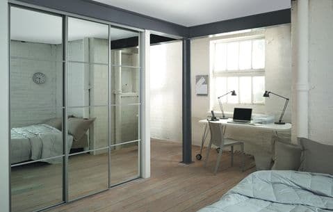 4 silver frame mirror (4 panel) sliding wardrobe doors and track to fit an opening width of 2387mm