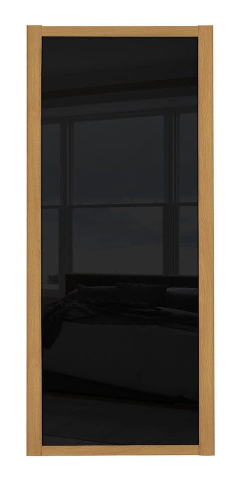 Shaker Sliding Wardrobe Door- OAK FRAME- BLACK GLASS SINGLE PANEL