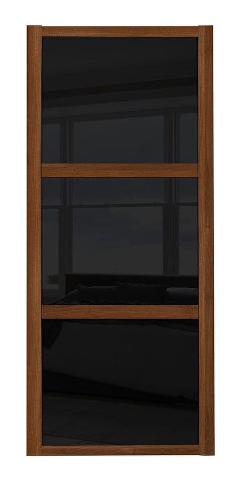 Shaker Sliding Wardrobe Door- WALNUT FRAME - 3  BLACK GLASS PANELS